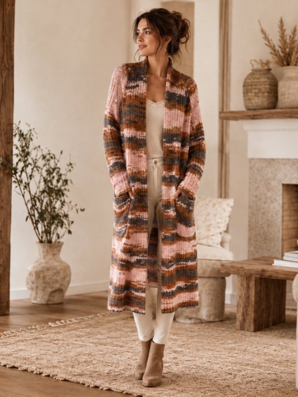 Skull Cashmere Striped Long Cardigan Small Pink Brown Cozy Knit